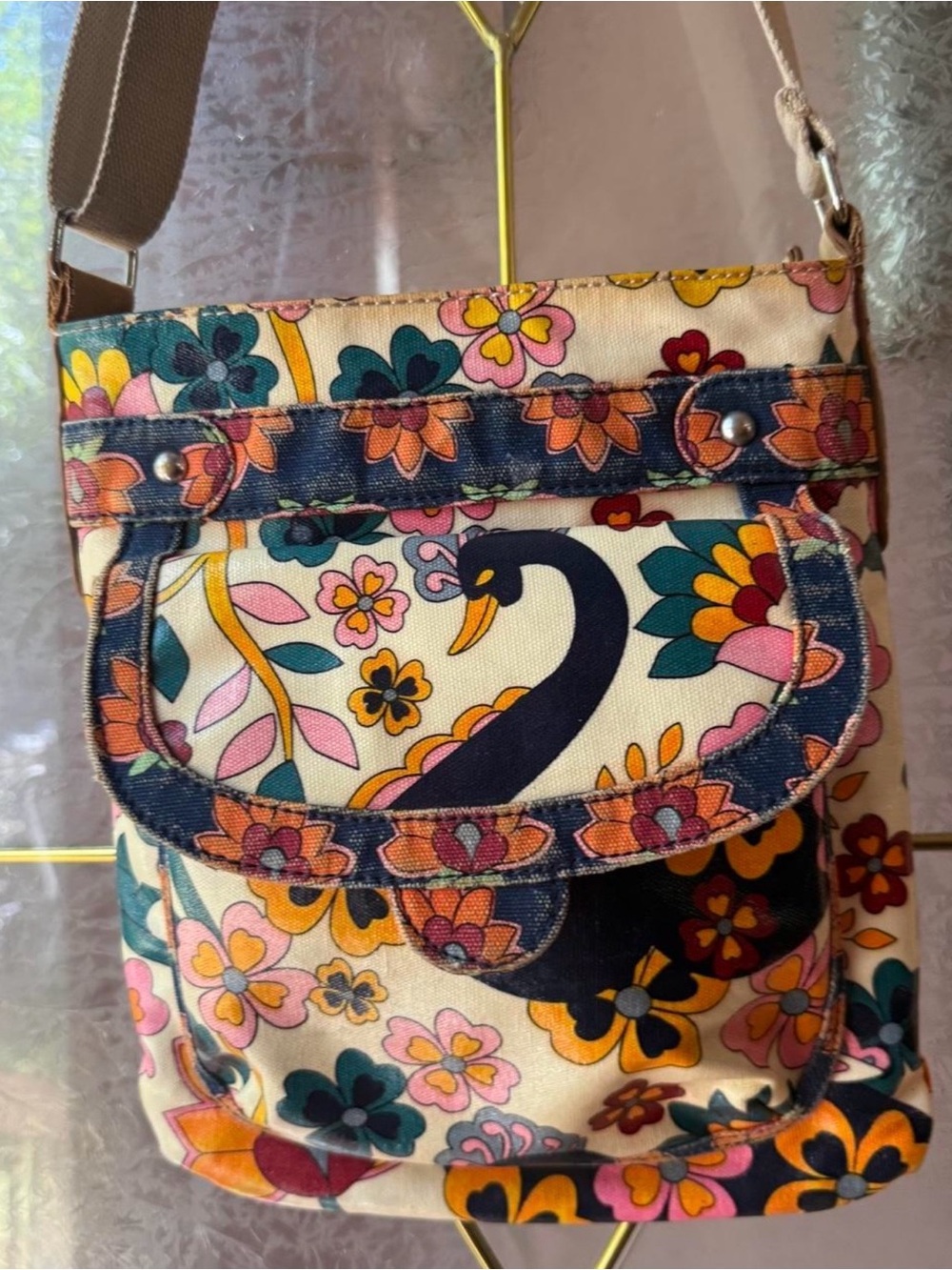 Lily Bloom Cream Crossbody with Navy Swan & Multicolor Floral Print